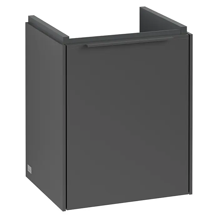 Villeroy & Boch Subway 3.0 Waschbeckenunterschrank - Graphite, Anzahl Türen: 1 Stk., Farbe Griff: Monochrom, B x T x H: 35,1 x 30,9 x 42,9 cm, DIN Anschlag: Rechts - Abbildung eines modernen, anthrazitfarbenen Badezimmerunterschranks mit schlichtem Griff und minimalistischem Design.