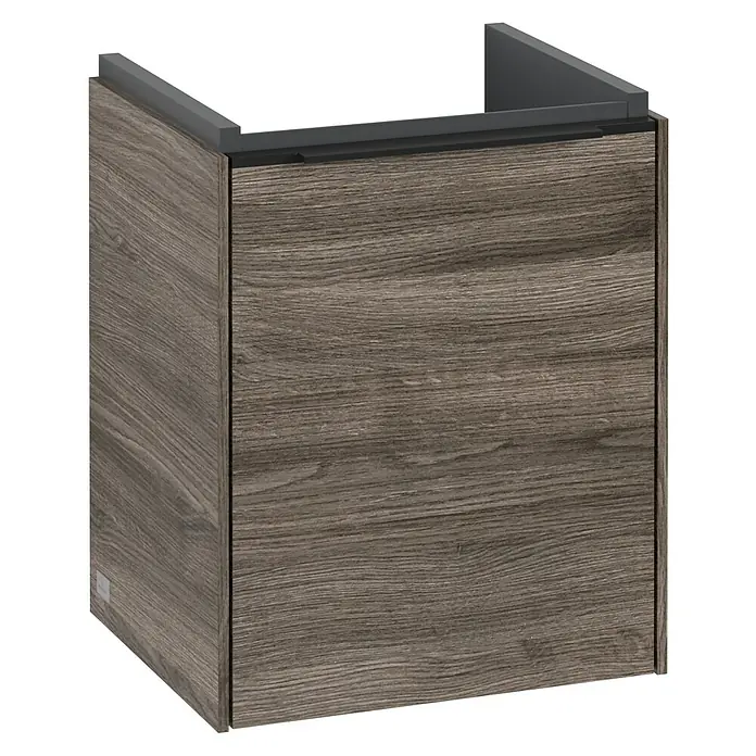 Villeroy & Boch Subway 3.0 Waschbeckenunterschrank - Stone Oak, Anzahl Türen: 1 Stk., Farbe Griff: Volcano Black, B x T x H: 35,1 x 30,9 x 42,9 cm, DIN Anschlag: Rechts - Bild eines modernen Waschtischunterschranks in Holzoptik, der Stauraum und Stil für jedes Badezimmer bietet.