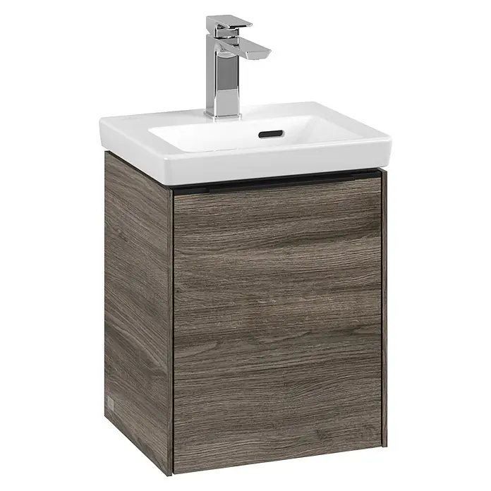 Villeroy & Boch Subway 3.0 Waschbeckenunterschrank - Stone Oak, Anzahl Türen: 1 Stk., Farbe Griff: Volcano Black, B x T x H: 35,1 x 30,9 x 42,9 cm, DIN Anschlag: Rechts - Ein moderner Waschtisch mit Holzunterschrank und Aufsatzwaschbecken in Weiß mit Chromarmatur, ideal für stilvolle Badezimmer.