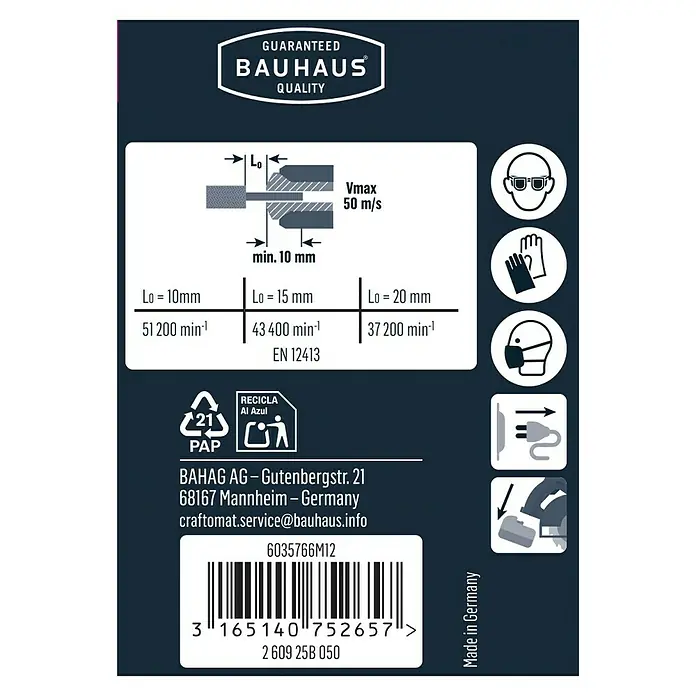 Craftomat Schleifstift - Durchmesser: 15 mm, Zylindrisch - Produktverpackung mit technischen Daten, Sicherheitsinformationen und Herstellerdetails für ein Bauhaus-Qualitätsprodukt.