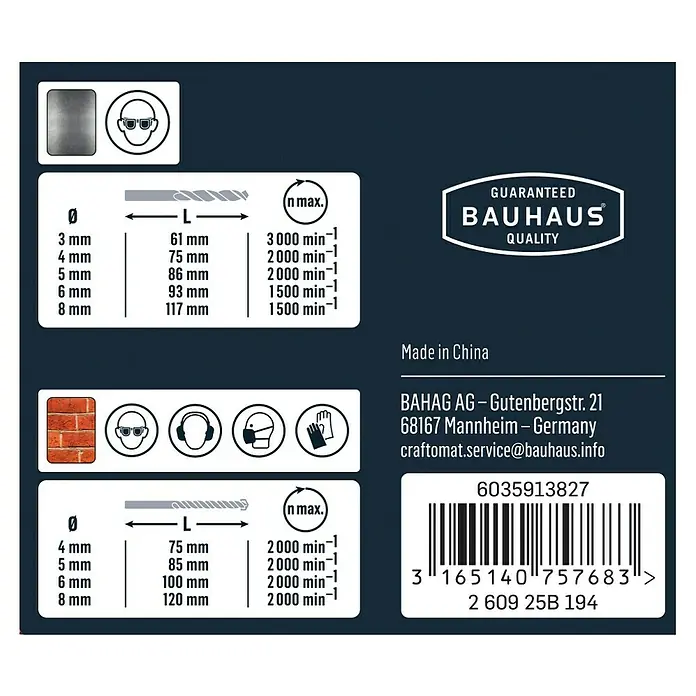 Craftomat Bohrer-Set - 9 Stk., Durchmesser Bohrer: 8 mm - Informationen zu Bauhaus-Bohrern mit Angaben zu Größe, Länge, Drehzahl und zu beachtenden Sicherheitsvorkehrungen.