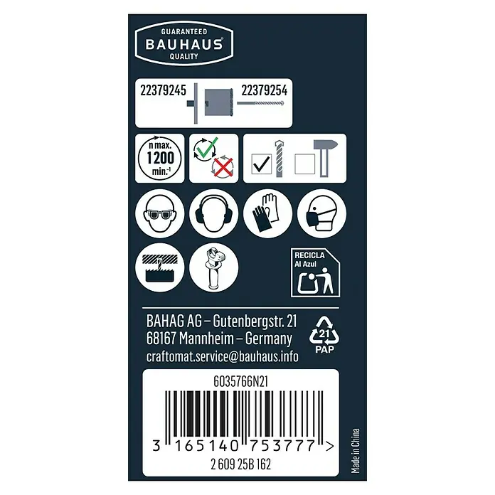 Craftomat Lochsäge - Durchmesser Bohrer: 53 mm - Produktverpackung mit Bauhaus-Qualitätsgarantie, Barcode, Recycling-Symbol und Sicherheitsinformationen.
