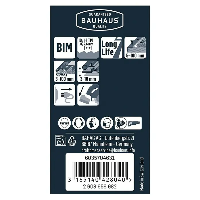 Craftomat Säbelsägeblatt S 922 VF - Holz/Metall, 2 -tlg., Zahnabstand: 1,8 mm - 2,6 mm - Abbildung einer Bauhaus Sägeblattverpackung mit Produktinformationen und Sicherheitsvorkehrungen.
