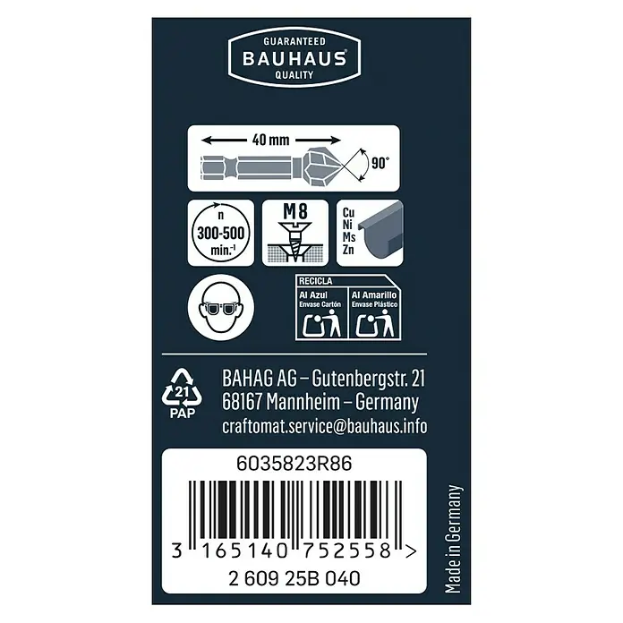 Craftomat Kegelsenker - Durchmesser Schaft: ¼″ Hex, Durchmesser: 16,5 mm - Produktverpackung mit Produktdetails, Barcode und Herstellerinformationen.