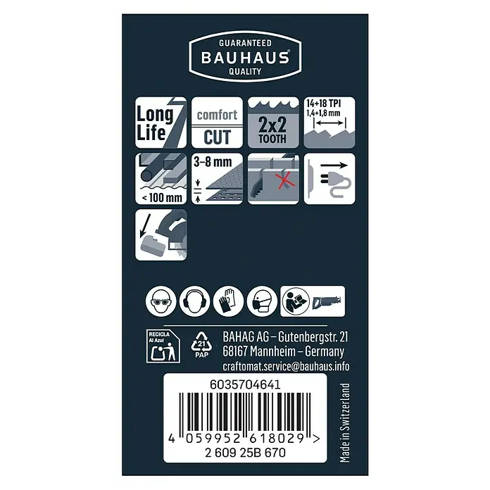Craftomat Säbelsägeblatt S 927 BEF - Länge: 150 mm - Produktverpackungsaufdruck mit den wichtigsten Produkteigenschaften wie lange Lebensdauer, komfortabler Schnitt und Informationen zur Sicherheit.