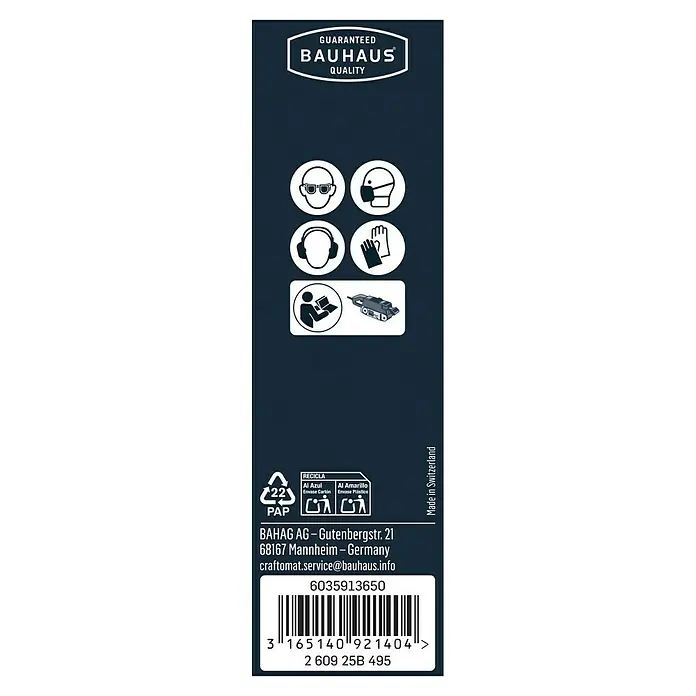 Craftomat Schleifband BFWP - L x B: 533 x 75 mm, Körnung: 40, 3 Stk. - Produktverpackung mit Sicherheitsinformationen und Recyclinghinweisen von Bauhaus, hergestellt in der Schweiz.
