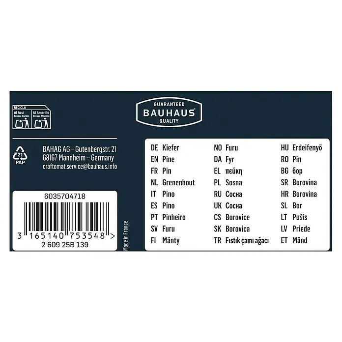 Craftomat Holzzapfen - Durchmesser: 40 mm, 10 Stk. - Produktverpackungsetikett mit Barcode, Herstellerinformationen und Übersetzungen für "Kiefer" in verschiedenen Sprachen.