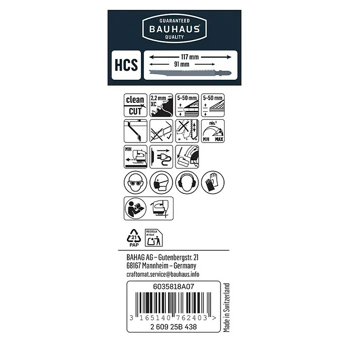 Craftomat Stichsägeblätter T 308 B - Holz, 3 -tlg., T-Schaft - Bauhaus Stichsägeblatt-Verpackung mit Gütesiegel, HCS-Kennzeichnung und technischen Daten wie Maße und Schnittdetails.