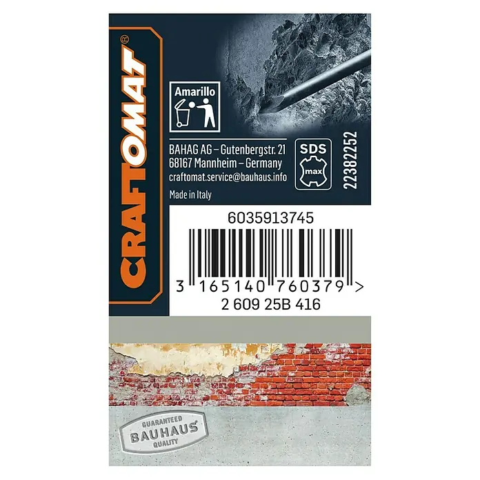 Craftomat Spitzmeißel - Länge: 280 mm, SDS Max - Nahaufnahme der Produktverpackung von CRAFTOMAT mit Details zu Hersteller, Barcode und Gütesiegel.