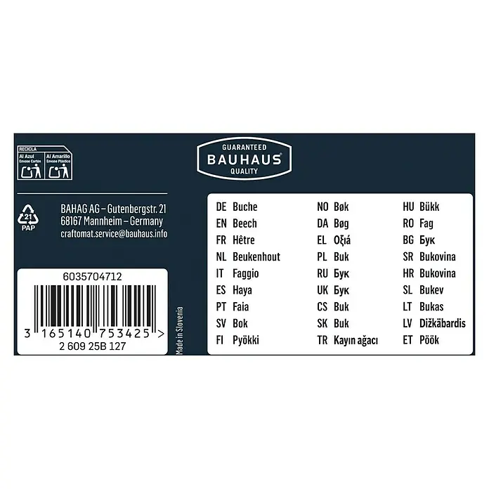 Craftomat Holzdübel - Ø x L: 10 x 40 mm, 30 Stk., Passend für: Bohrer 10 mm - Produktverpackung mit Bauhaus-Qualitätsgarantie, Recyclinghinweisen und Barcode.