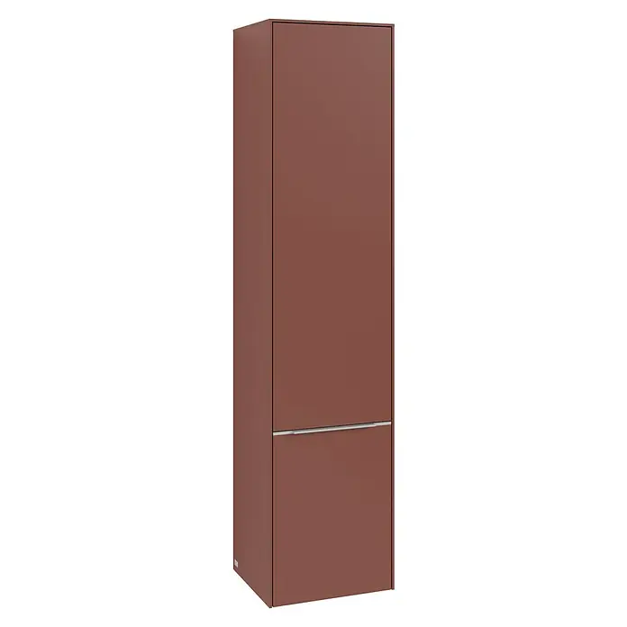 Villeroy & Boch Subway 3.0 Hochschrank - B x T x H: 40 x 36,2 x 171 cm, 2x Tür, Wine Red, Farbe Griff: Aluminium glänzend, DIN Anschlag: Links - Moderner, hoher brauner Badezimmerschrank mit minimalistischem Design und einem eleganten silbernen Griff. Perfekt für stilvolle Badezimmer.