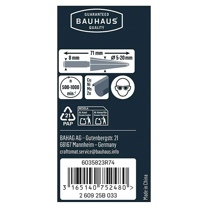 Craftomat Blechschälbohrer - 5 mm - 20 mm, Stahl - Produktverpackung mit Bauhaus-Qualitätsgarantie, Größenangaben, Recyclinghinweisen und Herstellerinformationen.