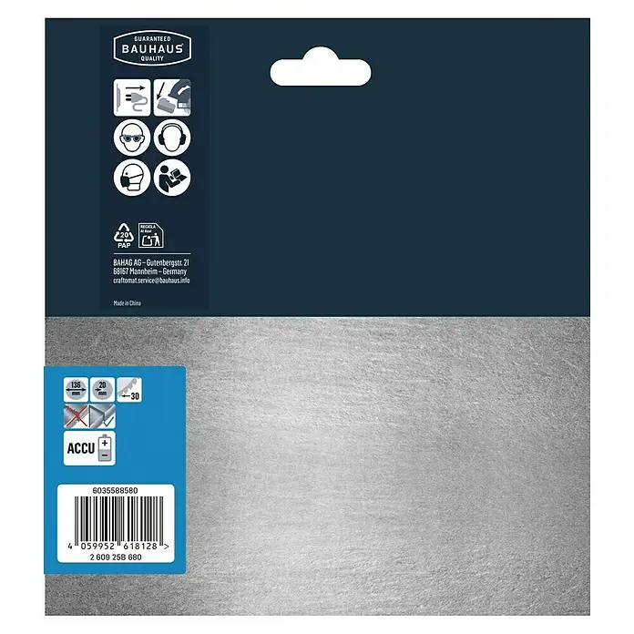 Craftomat Kreissägeblatt Accu Stahl - 136 mm, Bohrung: 20 mm, Anzahl Zähne: 30 Stk. - Produktverpackung von BAUHAUS mit Qualitätsgarantie, Sicherheitshinweisen, Herstellerinformationen und Barcode für einfache Identifizierung.