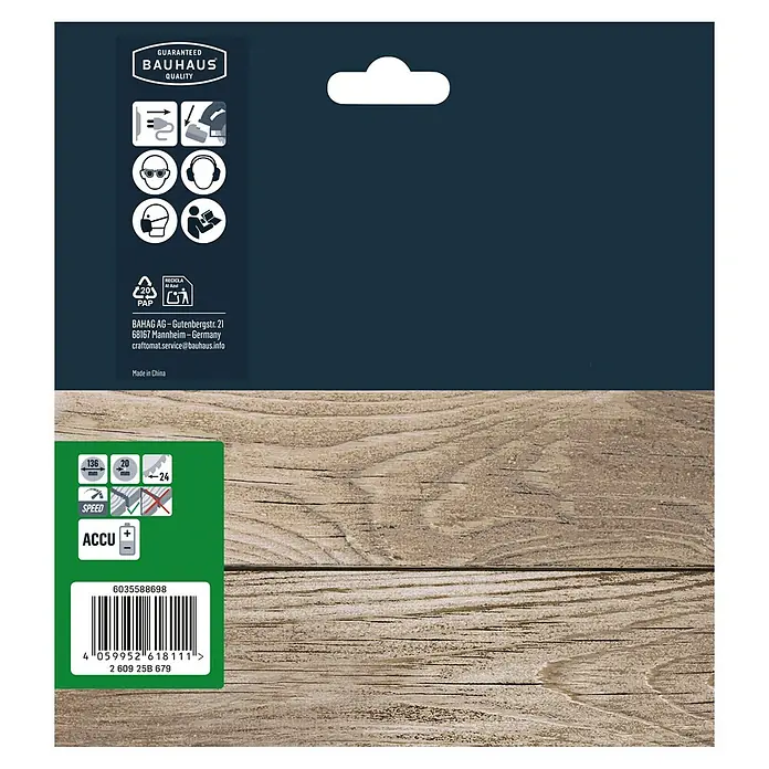 Craftomat Kreissägeblatt Accu Holz - 136 mm, Bohrung: 20 mm, Anzahl Zähne: 24 Stk. - Produktetikett mit Bauhaus-Qualitätssiegel, Recyclinghinweisen und technischen Details für eine Akku-betriebene Maschine.