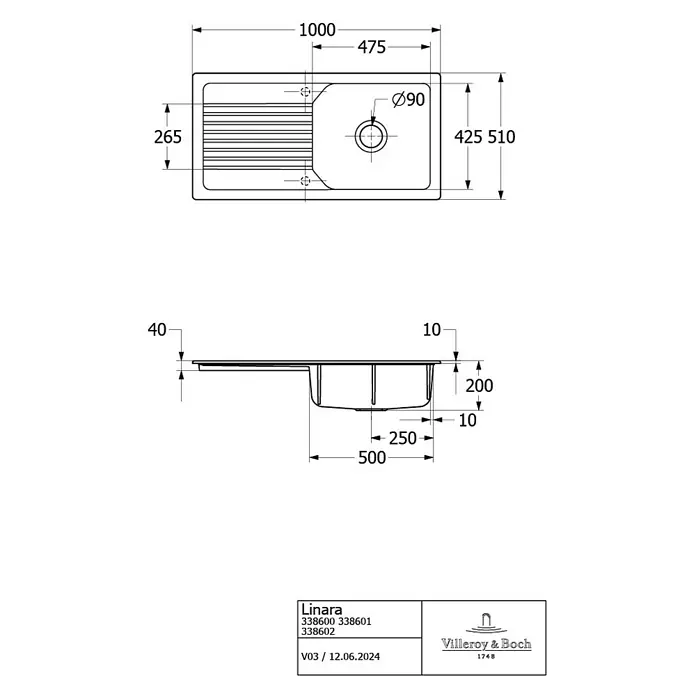 Villeroy & Boch Einbauspüle Linara - 100 x 51 cm, Keramik, Weiß - Technische Zeichnung einer Küchenspüle mit Abtropffläche, Draufsicht und Seitenansicht mit Maßen.