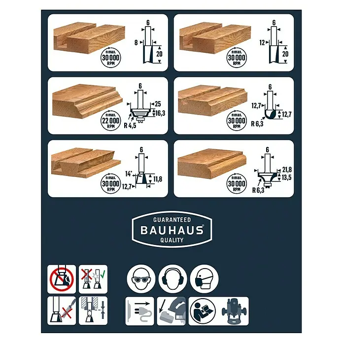 Craftomat Fräser-Set - 6 -tlg., Durchmesser Schaft: 6 mm - Illustration verschiedener Holzprofilfräser mit technischen Zeichnungen und Sicherheitshinweisen von Bauhaus.