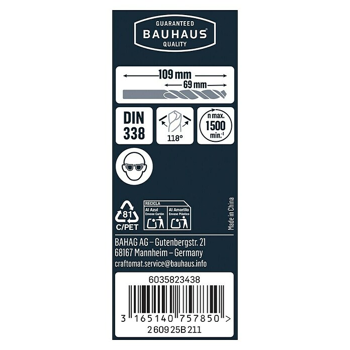 Craftomat Metallbohrer HSS-R (Durchmesser: 7,5 mm, Länge: 109 mm, Arbeitslänge: 69 mm)