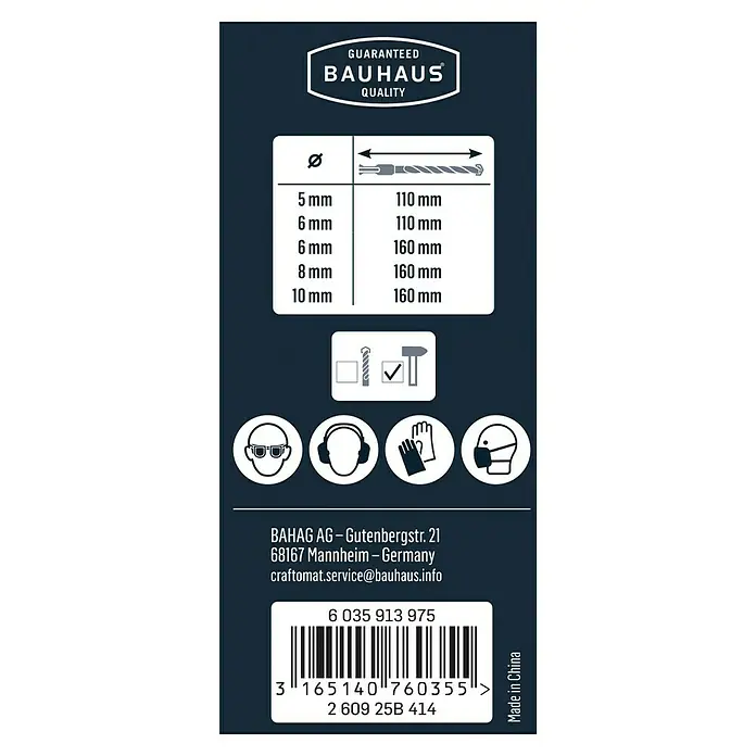 Craftomat Beton- & Steinbohrer - Durchmesser Bohrer: 10 mm - Detailansicht der Produktverpackung mit Bauhaus-Logo, Größenangaben und Sicherheitshinweisen für Hammerbohrer.