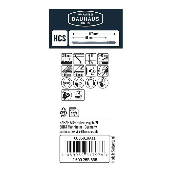 Craftomat Stichsägeblatt T 301 BCP - T-Schaft, 3 Stk. - Abbildung eines Bauhaus Stichsägeblatts mit HCS-Kennzeichnung, Größenangaben und Sicherheitshinweisen für den Gebrauch.
