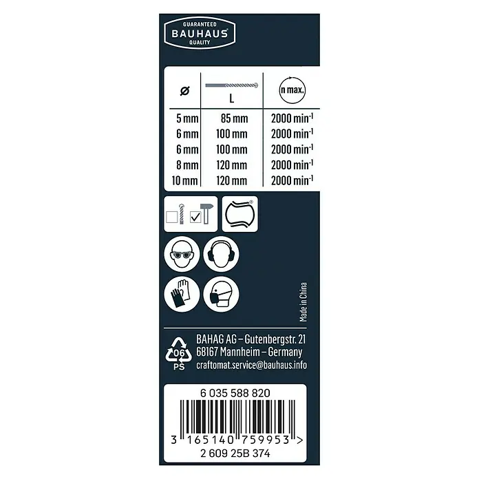 Craftomat Beton- & Steinbohrer - 5 -tlg., Durchmesser Bohrer: 10 mm - Informationen zum Bauhaus-Qualitätsbohrer, inklusive Durchmesser, Länge, maximaler Drehzahl und Sicherheitshinweise.