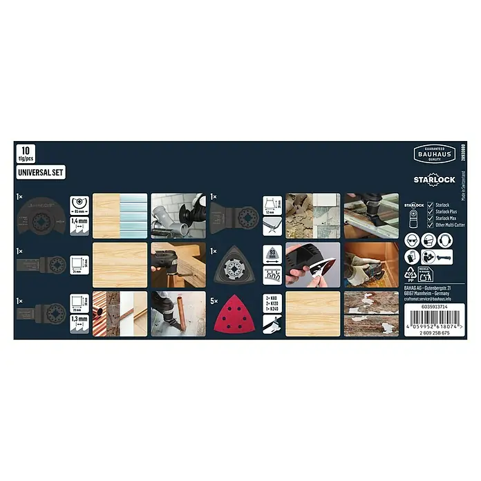 Craftomat Zubehör-Set Universal für Starlock-Systeme - 5 Stk., 5 -tlg. - Das Bild zeigt ein Craftomat 10-teiliges Universal-Set mit verschiedenen Werkzeugaufsätzen für Multitools und deren Anwendungsbereiche.