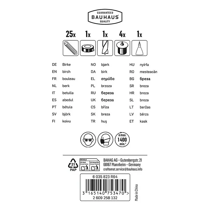 Craftomat Holzdübel-Set - Ø x L: 8 x 40 mm, 32 -tlg. - Abbildung des Produktetiketts, das die Materialmengen, Sicherheitsinformationen und Recyclinghinweise für ein Bauhaus-Qualitätsprodukt zeigt.