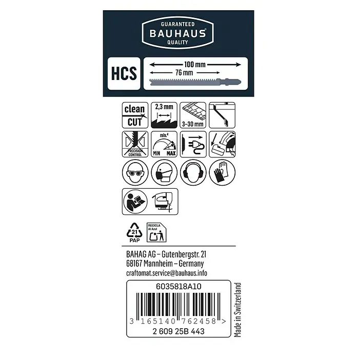 Craftomat Stichsägeblätter T 102 H - PVC/PA, 3 -tlg., T-Schaft - Abbildung eines Bauhaus HCS Stichsägeblatts mit technischen Details und Sicherheitsinformationen auf der Verpackung.