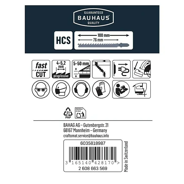 Craftomat Stichsägeblatt T 144 D - Weichholz/Faserplatte, 5 -tlg., T-Schaft - Abbildung einer Stichsäge von Bauhaus, die für schnelle und präzise Schnitte mit einer Materialstärke von 5–50 mm geeignet ist.