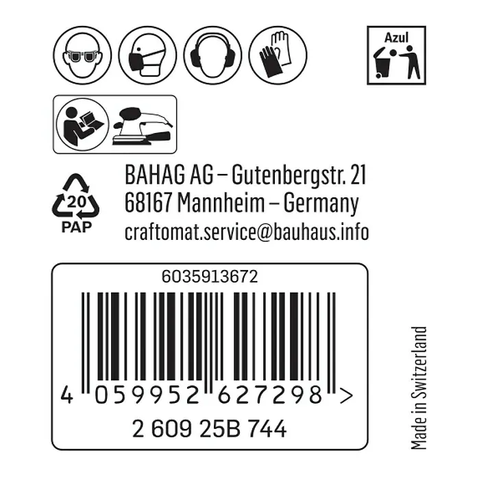 Craftomat Schleifblätter C 1061 - Körnung: 40, 1 Stk., 93 x 186 mm - Etikett mit Sicherheitsvorkehrungen, Herstellerinformationen, Recyclinghinweis, Barcode und Herstellungsland.