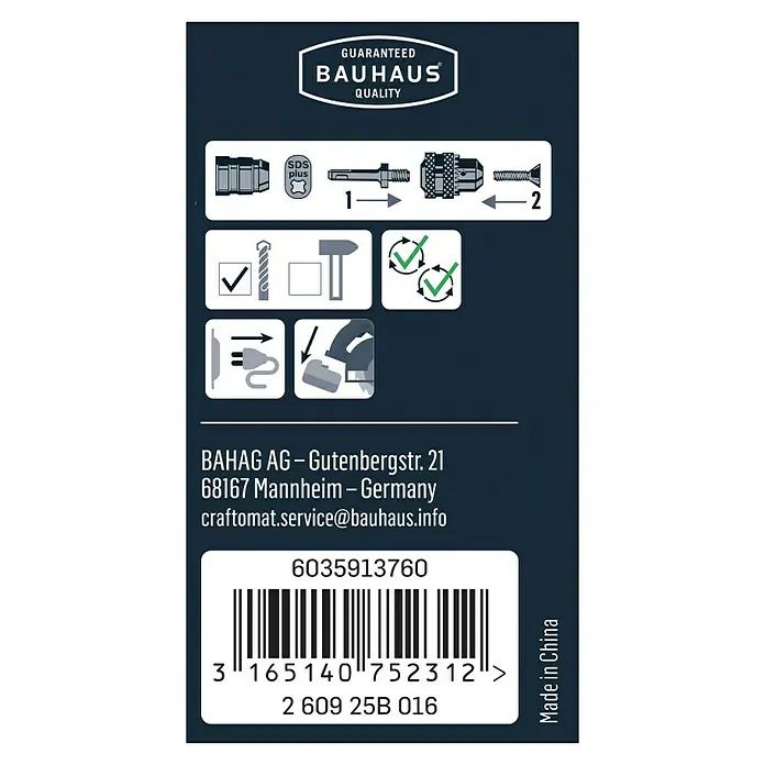 Craftomat SDS-Plus Adapter - Spannbereich: 1,5 mm - 13 mm - Abbildung der Produktverpackung von BAUHAUS mit Anweisungen und Barcode.