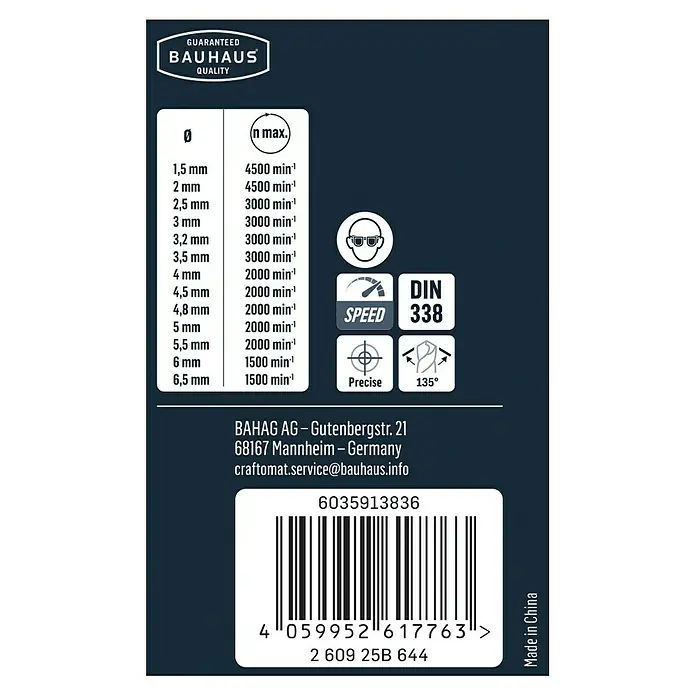 Craftomat Metallbohrer - 13 -tlg. - Detailansicht der Bauhaus-Bohrerverpackung mit Informationen zu Drehzahl, Größe und Sicherheitsvorkehrungen.