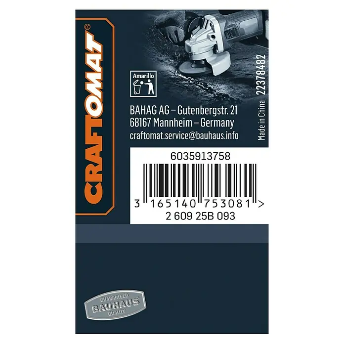 Craftomat Spannmutter für Winkelschleifer - 14 mm, 1 Stk. - Nahaufnahme einer Craftomat-Verpackung mit Barcode, Herstellerinformationen und dem Hinweis "Made in China".