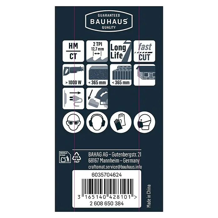 Craftomat Säbelsägeblatt S 2243 HM - Baustoffe, Zahnabstand: 12,7 mm - Produktverpackung mit Informationen zu Bauhaus-Qualität, Schnittgeschwindigkeit, Leistung, Grösse und Sicherheitsvorkehrungen.