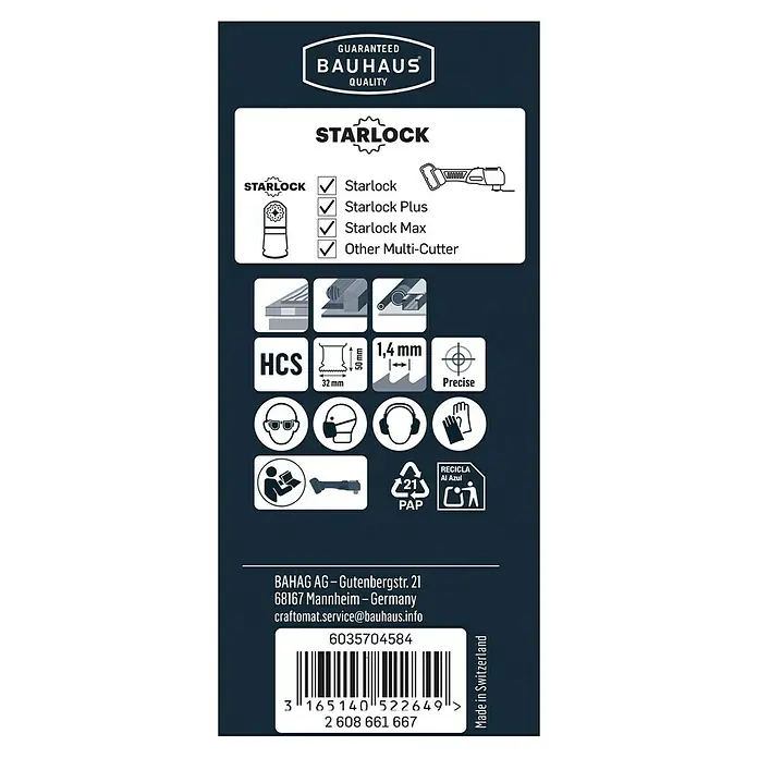 Craftomat Tauchsägeblatt AIZ 32 EC - 40 x 32 mm, Holz/Kunststoff - Informationen zur Starlock-Aufnahme und technischen Daten des Produkts, einschließlich HCS-Material, Schnitttiefe und Schnittbreite.