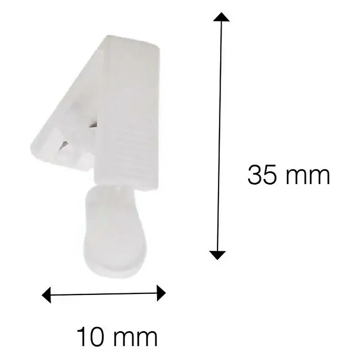 Expo Ambiente Laufrolle - Mit Klammer, 20 Stk., Weiß - Nahaufnahme einer transparenten Krokodilklemme mit den Maßen 35 mm in der Höhe und 10 mm in der Breite.