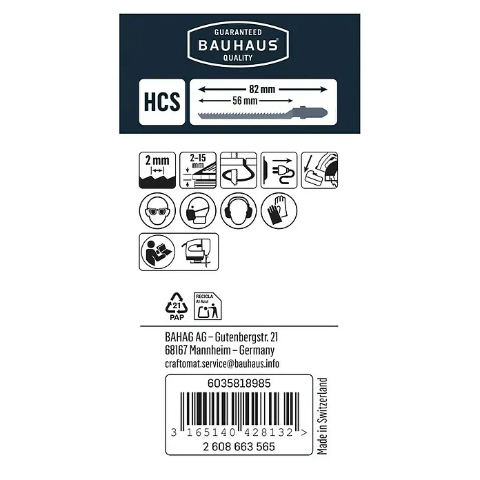Craftomat Stichsägeblatt T 119 BO - Faserplatten, 5 -tlg., T-Schaft - Produktetikett der BAUHAUS Stichsägeblätter mit technischen Details, Herstellerinformationen und Sicherheitshinweisen.