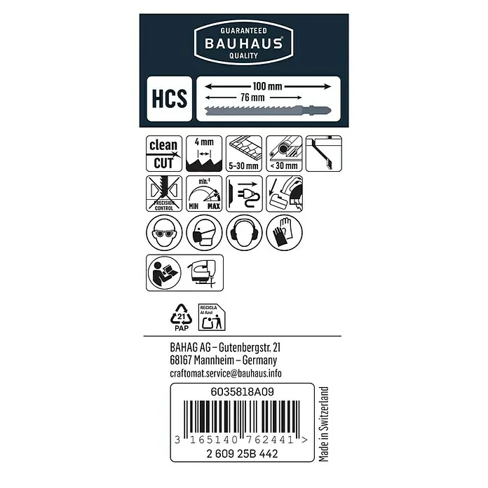 Craftomat Stichsägeblätter T 102 D - PP/PE, 3 -tlg., T-Schaft - Bild einer Stichsägeblattverpackung der Marke Bauhaus mit Produktinformationen, Abmessungen und Sicherheitshinweisen.