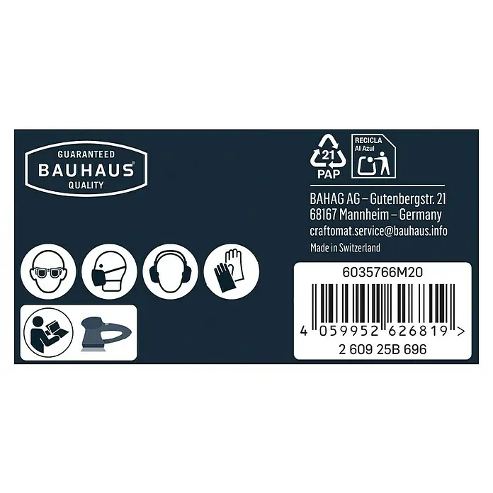Craftomat Schleifgitter-Set - Durchmesser: 125 mm, 7 Stk. - Produktverpackung mit Bauhaus-Qualitätsgarantie, Sicherheitsvorkehrungen, Recyclinghinweisen und Barcode für detaillierte Produktinformationen.