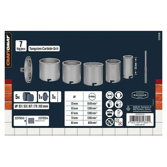 Craftomat Lochsägen-Set - 7 -tlg. - Das Bild zeigt ein Craftomat-Set mit 7 Hartmetall-Lochsägen in verschiedenen Größen für präzise Schnitte.