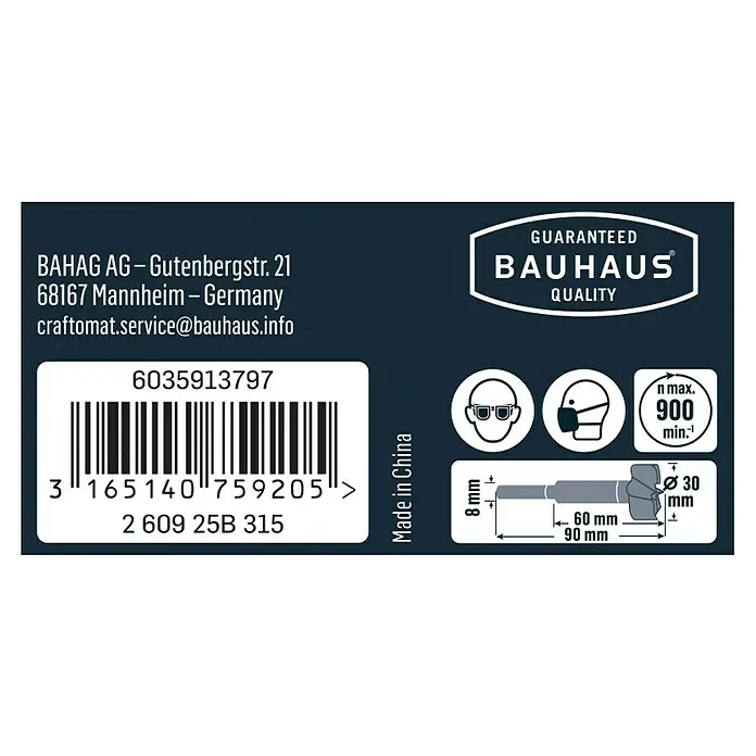 Craftomat Holzbohrer - 1 Stk., Durchmesser Bohrer: 30 mm - Etikett mit Informationen zum 30-mm-Forstnerbohrer von Bauhaus, inklusive Artikelnummer, Barcode, Maße und Sicherheitsvorkehrungen.