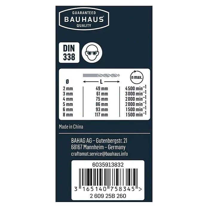 Craftomat Bohrer-Set HSS-G - 6 Stk., Durchmesser Bohrer: 8 mm - Detailaufnahme einer Bauhaus-Bohrerverpackung, die Spezifikationen wie DIN 338, Größe, Länge und maximale Drehzahl zeigt.