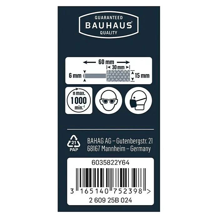 Craftomat Raspel - Zylindrisch, Durchmesser: 15 mm - Produktverpackung mit Bauhaus-Logo, Abmessungen, Sicherheitsymbolen, Recycling-Code, Adresse, Artikelnummer und Barcode.