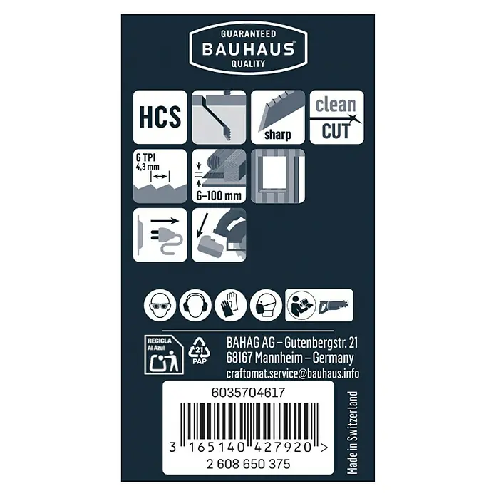 Craftomat Säbelsägeblatt S 644 D - Holz, 2 -tlg., Zahnabstand: 4,3 mm - Produktinformationen mit HCS-Symbol, 6 TPI-Angabe, Schnittbereich 6-100 mm, Sicherheitsvorkehrungen und Herstellerangaben.