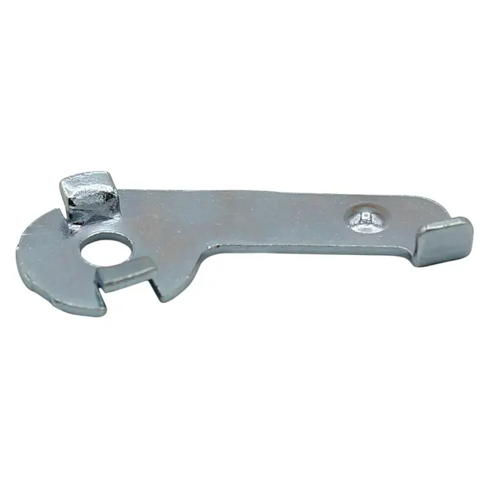 Expo Ambiente Schnellspanner - 2 Stk., L x B x H: 33 x 13 x 4 mm, Metall - Nahaufnahme eines glänzenden, silberfarbenen Metallhebels mit abgerundeten und eckigen Details, isoliert auf Weiß.