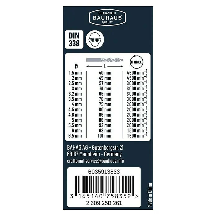 Craftomat Bohrer-Set - Durchmesser Bohrer: 6,5 mm - Nahaufnahme einer Produktinformationstafel mit Details zu Bohrerdurchmessern, Längen und maximalen Drehzahlen.