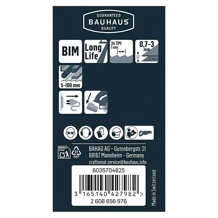 Craftomat Säbelsägeblatt S 922 AF - Blech, 2 -tlg., Zahnabstand: 1 mm - Produktverpackung mit Symbolen für Eigenschaften und Sicherheitshinweise, inklusive Bauhaus Qualitätsgarantie.