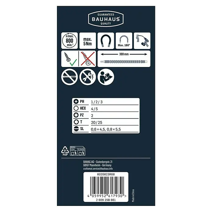 Craftomat Bit-Set - 11 -tlg. - Produktinformationen: Bauhaus Qualitätsgarantie, max. 800 U/min, 5 Nm, magnetisch, 300mm biegsam, diverse Bitgrößen und Recyclinghinweise.