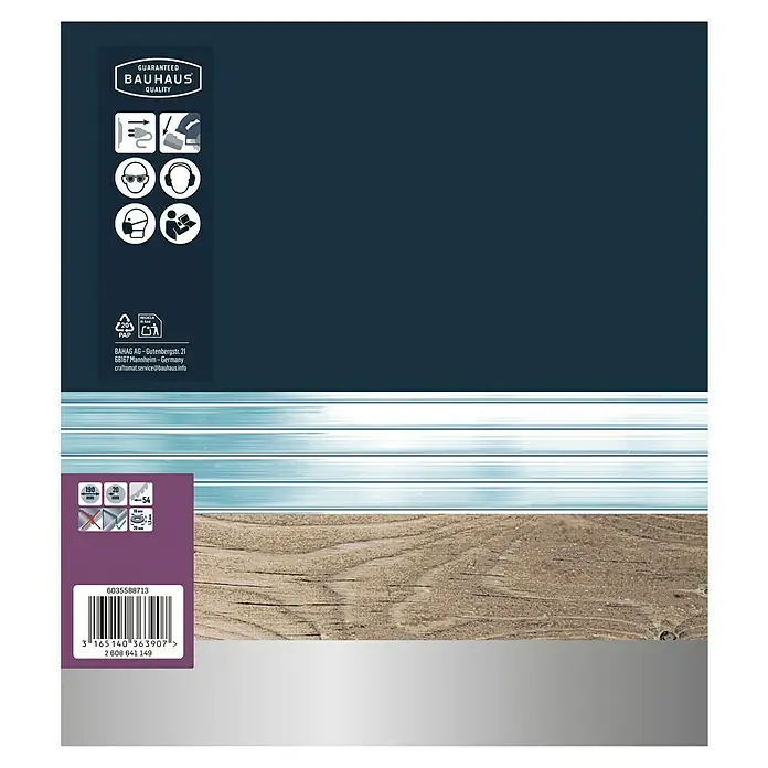 Craftomat Kreissägeblatt HM Alu - 190 mm, Bohrung: 16 mm - 20 mm, Anzahl Zähne: 54 Stk. - Produktverpackung von Bauhaus mit Qualitätssiegel, Schutzsymbolen und Barcode für zuverlässige Produktinformation.