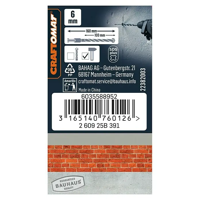 Craftomat SDS-Plus Betonbohrer - Länge: 160 mm, Durchmesser Bohrer: 6 mm - Abbildung einer CRAFTOMAT 6 mm SDS-plus Hammerbohrers mit technischen Daten und Herstellerinformationen.