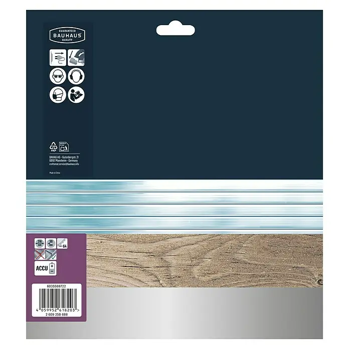 Craftomat Kreissägeblatt Accu Alu - 216 mm, Bohrung: 30 mm, 64 Stk. - Produktverpackung mit Bauhaus-Qualitätsgarantie, Sicherheitsanweisungen und Barcode für einfache Identifizierung im Handel.